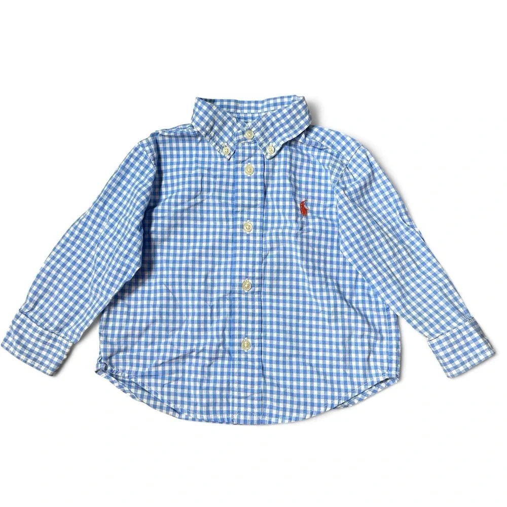 Ralph Lauren Baby Boy Blue White Check Button Up Shirt Size 12 Months Pony Logo